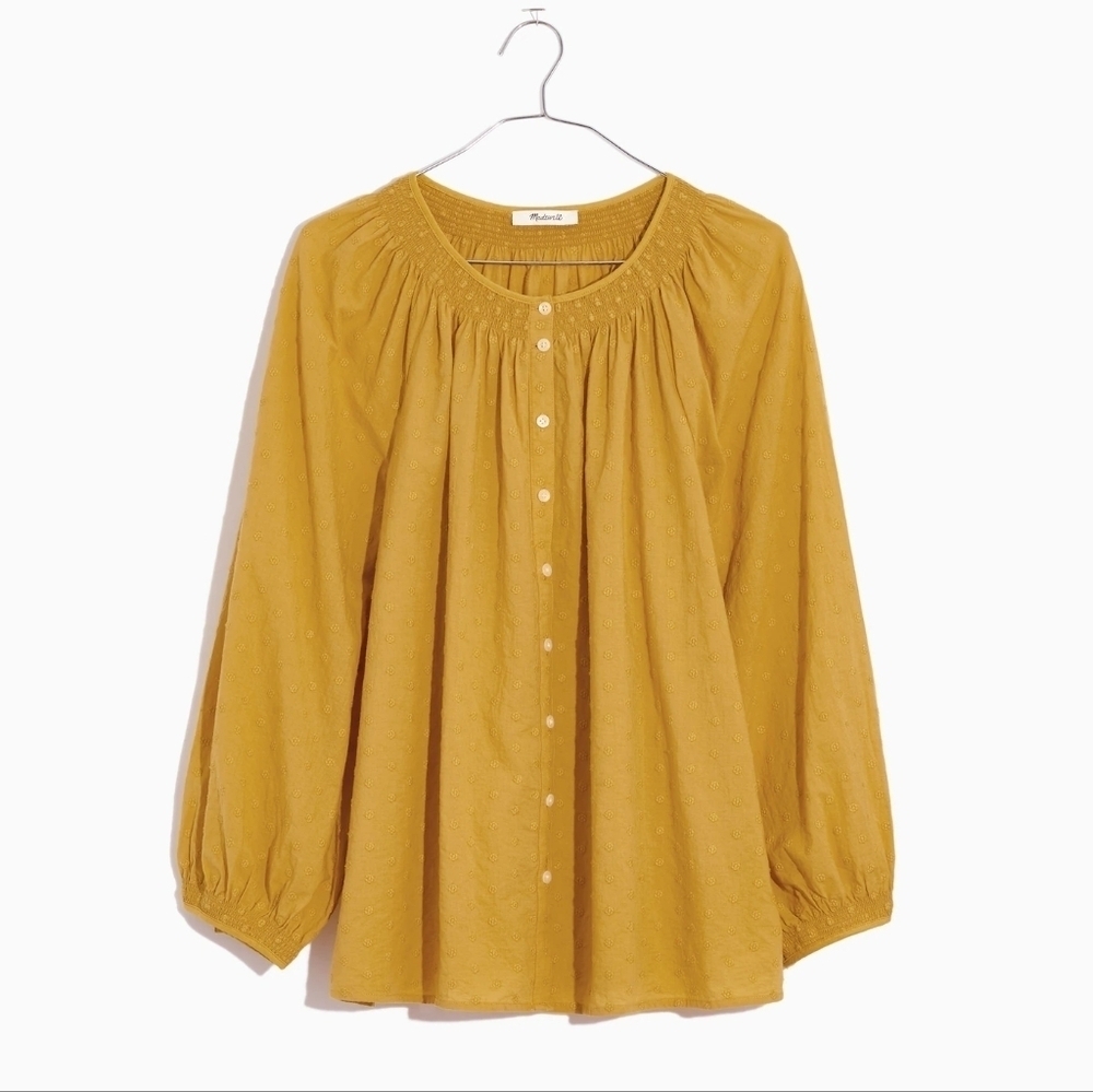 Madewell Floral EmbroideredMustard Yellow  Smocked Neck Raglan Top XXS - Picture 2 of 10
